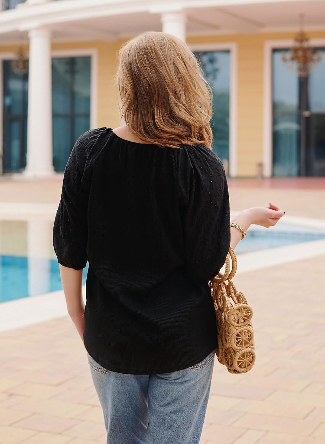 image:imageDokotoo Women Blouses Dressy Casual Embroidered 34 Length Sleeve Womens Tops Tassel Tie V Neck Waffle Knit ShirtsBlack