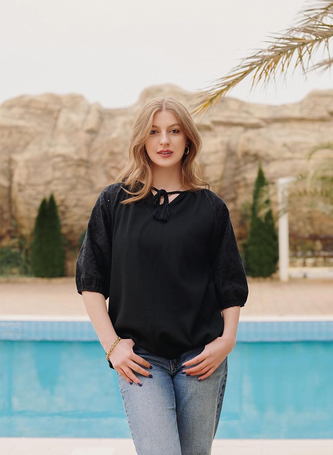 image:imageDokotoo Women Blouses Dressy Casual Embroidered 34 Length Sleeve Womens Tops Tassel Tie V Neck Waffle Knit ShirtsBlack