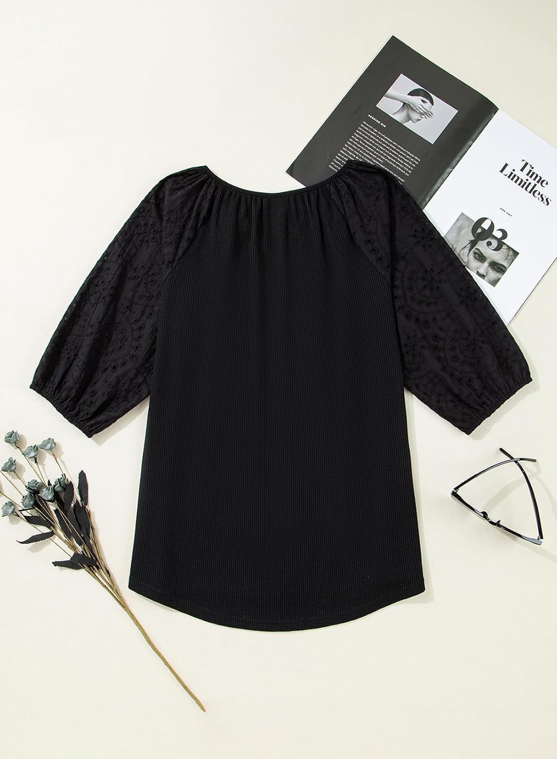 image:imageDokotoo Women Blouses Dressy Casual Embroidered 34 Length Sleeve Womens Tops Tassel Tie V Neck Waffle Knit ShirtsBlack
