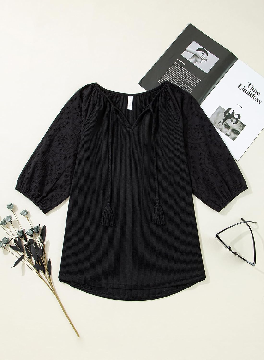 image:imageDokotoo Women Blouses Dressy Casual Embroidered 34 Length Sleeve Womens Tops Tassel Tie V Neck Waffle Knit ShirtsBlack