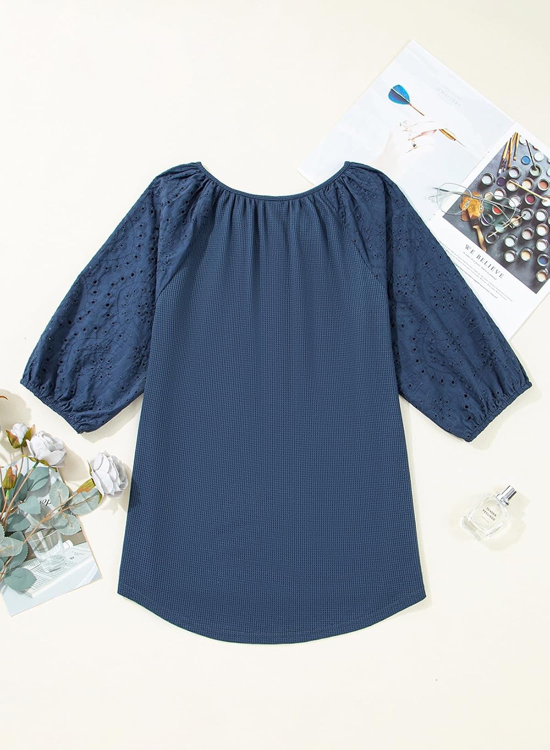 image:imageDokotoo Women Blouses Dressy Casual Embroidered 34 Length Sleeve Womens Tops Tassel Tie V Neck Waffle Knit ShirtsDusk Blue