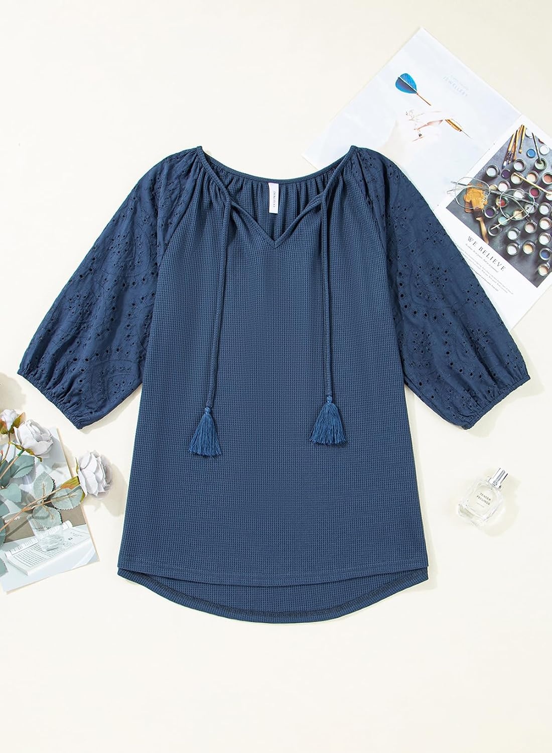 image:imageDokotoo Women Blouses Dressy Casual Embroidered 34 Length Sleeve Womens Tops Tassel Tie V Neck Waffle Knit ShirtsDusk Blue