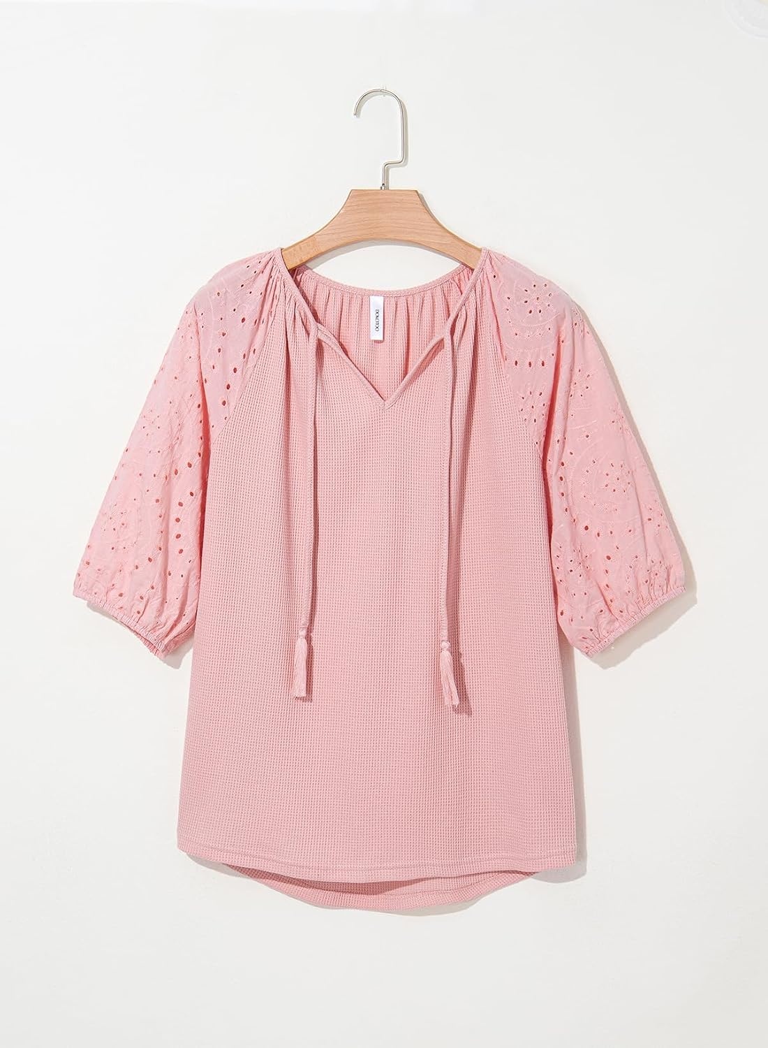 image:imageDokotoo Women Blouses Dressy Casual Embroidered 34 Length Sleeve Womens Tops Tassel Tie V Neck Waffle Knit ShirtsGossamer Pink