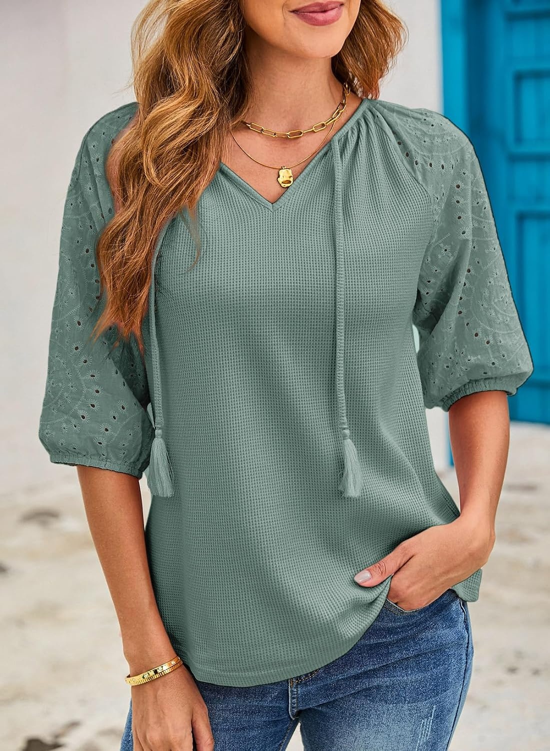 image:imageDokotoo Women Blouses Dressy Casual Embroidered 34 Length Sleeve Womens Tops Tassel Tie V Neck Waffle Knit ShirtsMist Green