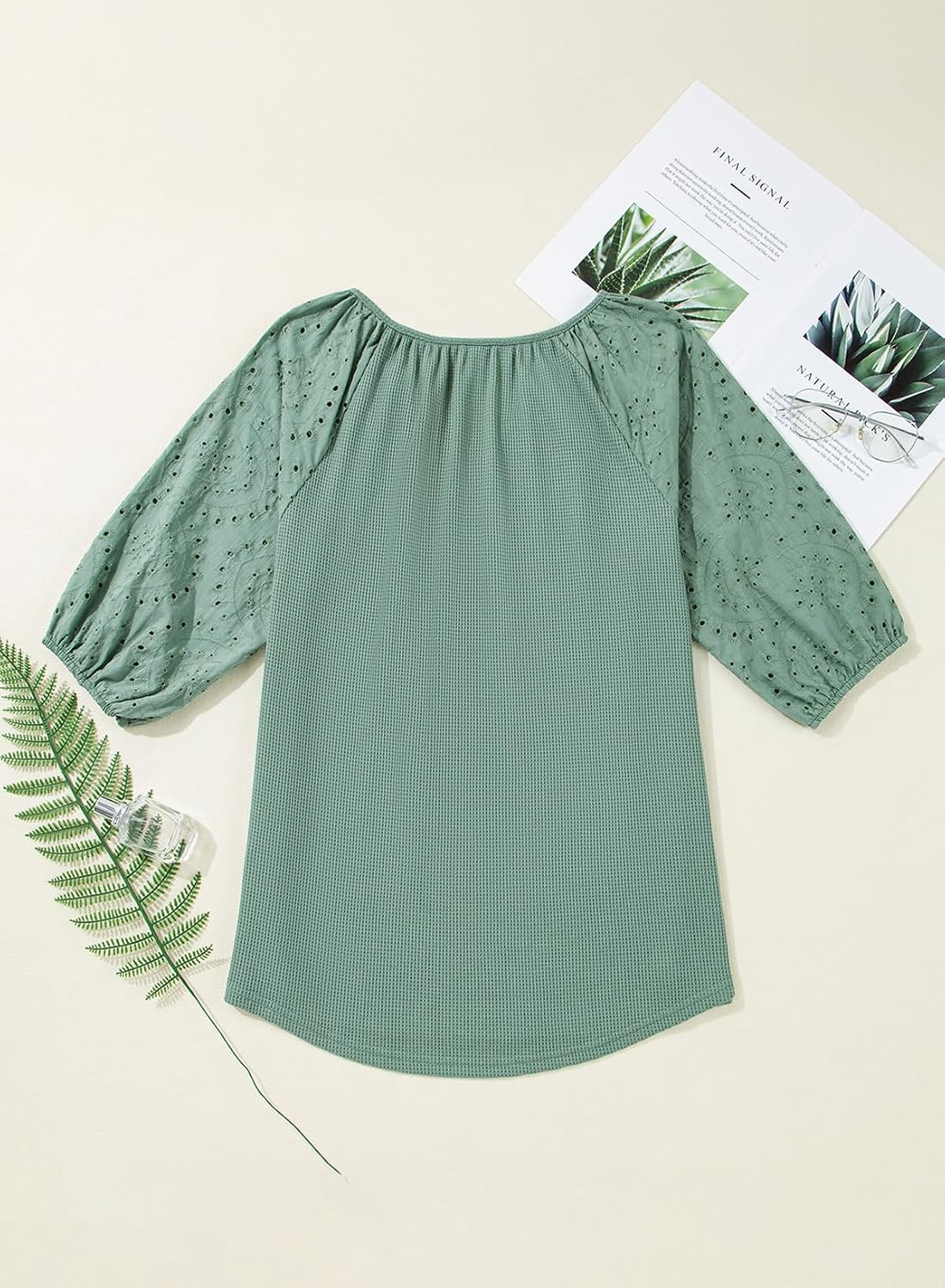 image:imageDokotoo Women Blouses Dressy Casual Embroidered 34 Length Sleeve Womens Tops Tassel Tie V Neck Waffle Knit ShirtsMist Green