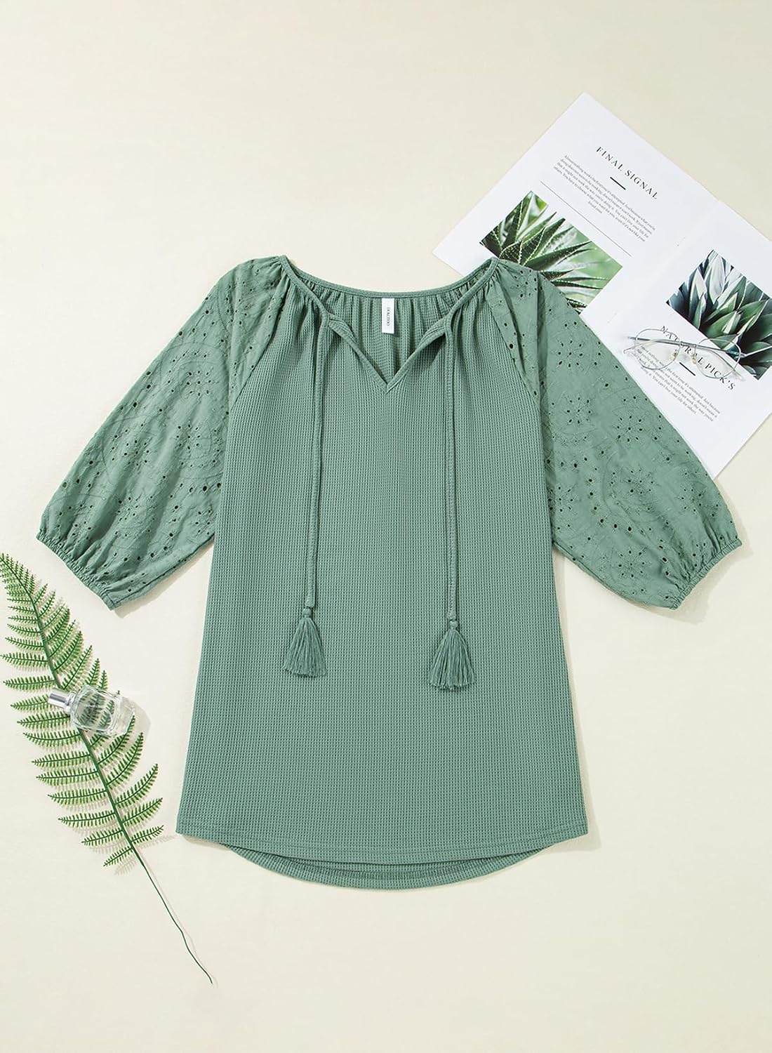 image:imageDokotoo Women Blouses Dressy Casual Embroidered 34 Length Sleeve Womens Tops Tassel Tie V Neck Waffle Knit ShirtsMist Green