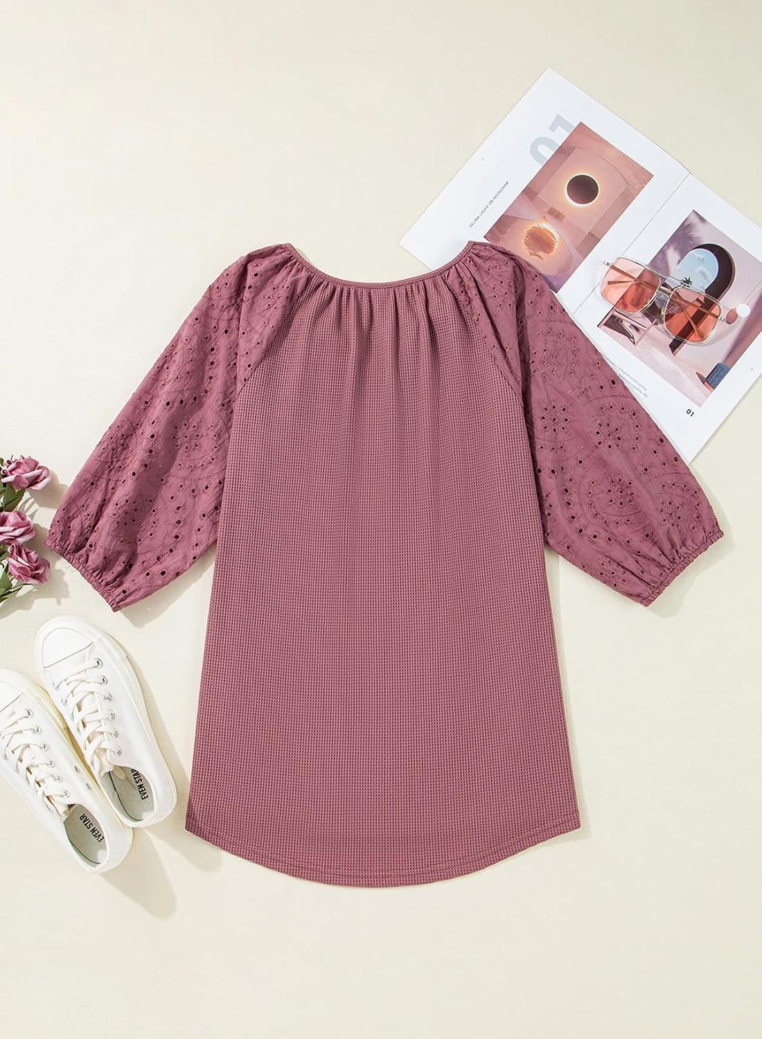 image:imageDokotoo Women Blouses Dressy Casual Embroidered 34 Length Sleeve Womens Tops Tassel Tie V Neck Waffle Knit ShirtsRose Pink