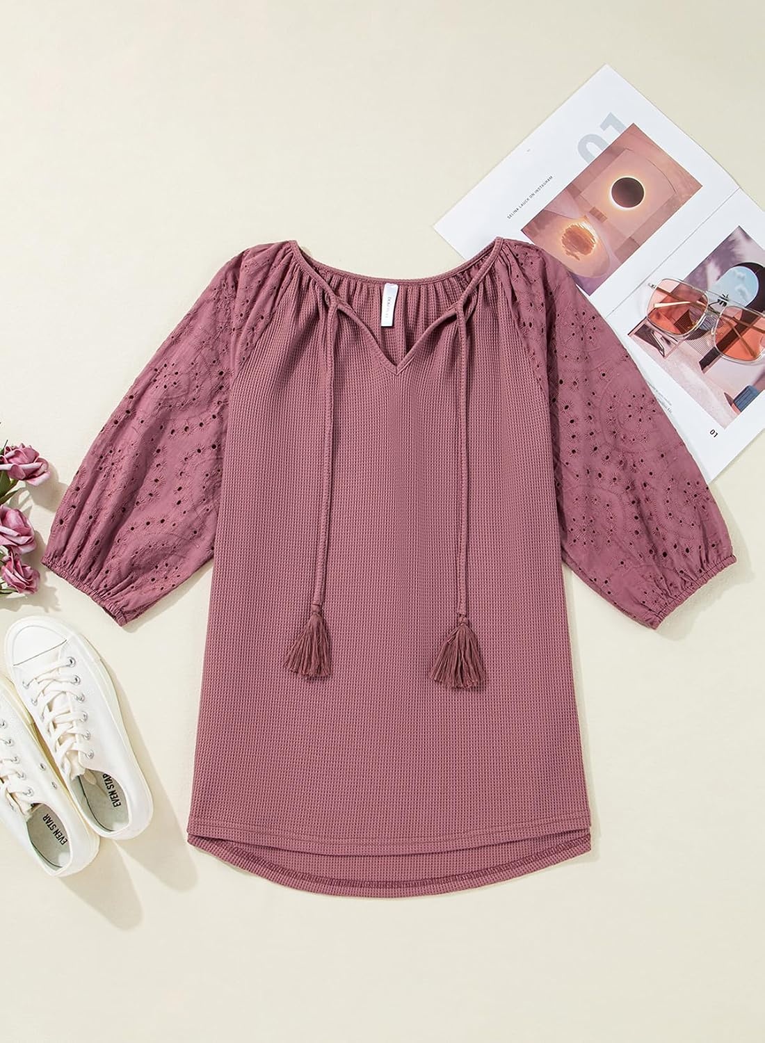image:imageDokotoo Women Blouses Dressy Casual Embroidered 34 Length Sleeve Womens Tops Tassel Tie V Neck Waffle Knit ShirtsRose Pink