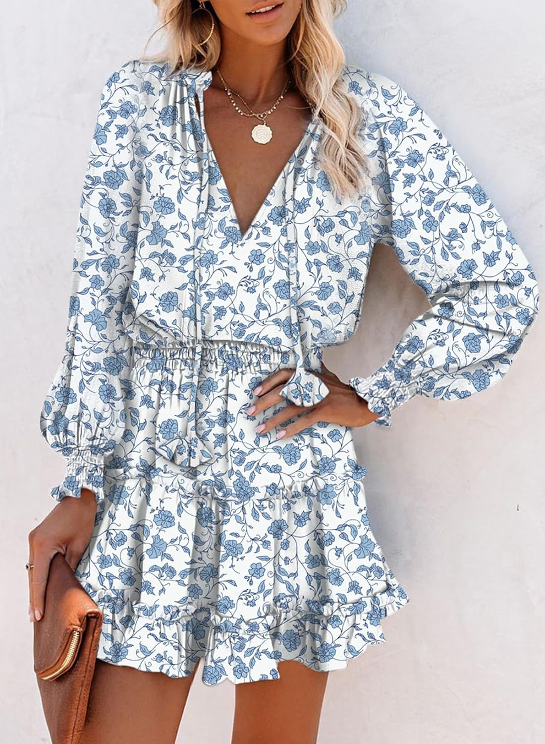 image:imageDokotoo Womens 2024 Split V Neck Ruffle Chiffon Elegant Mini Short Skirt DressesZ Print Floral 1