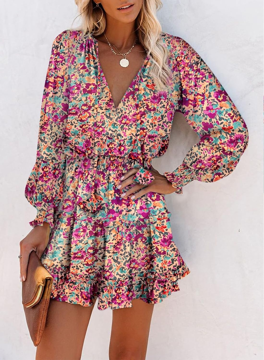 image:imageDokotoo Womens 2024 Split V Neck Ruffle Chiffon Elegant Mini Short Skirt DressesZ Print Floral 6