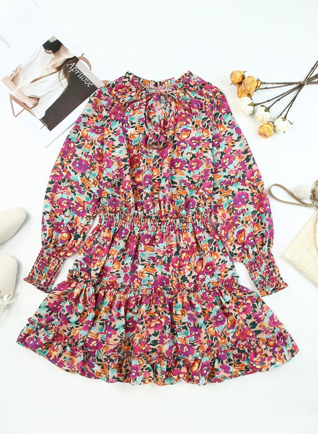 image:imageDokotoo Womens 2024 Split V Neck Ruffle Chiffon Elegant Mini Short Skirt DressesZ Print Floral 6