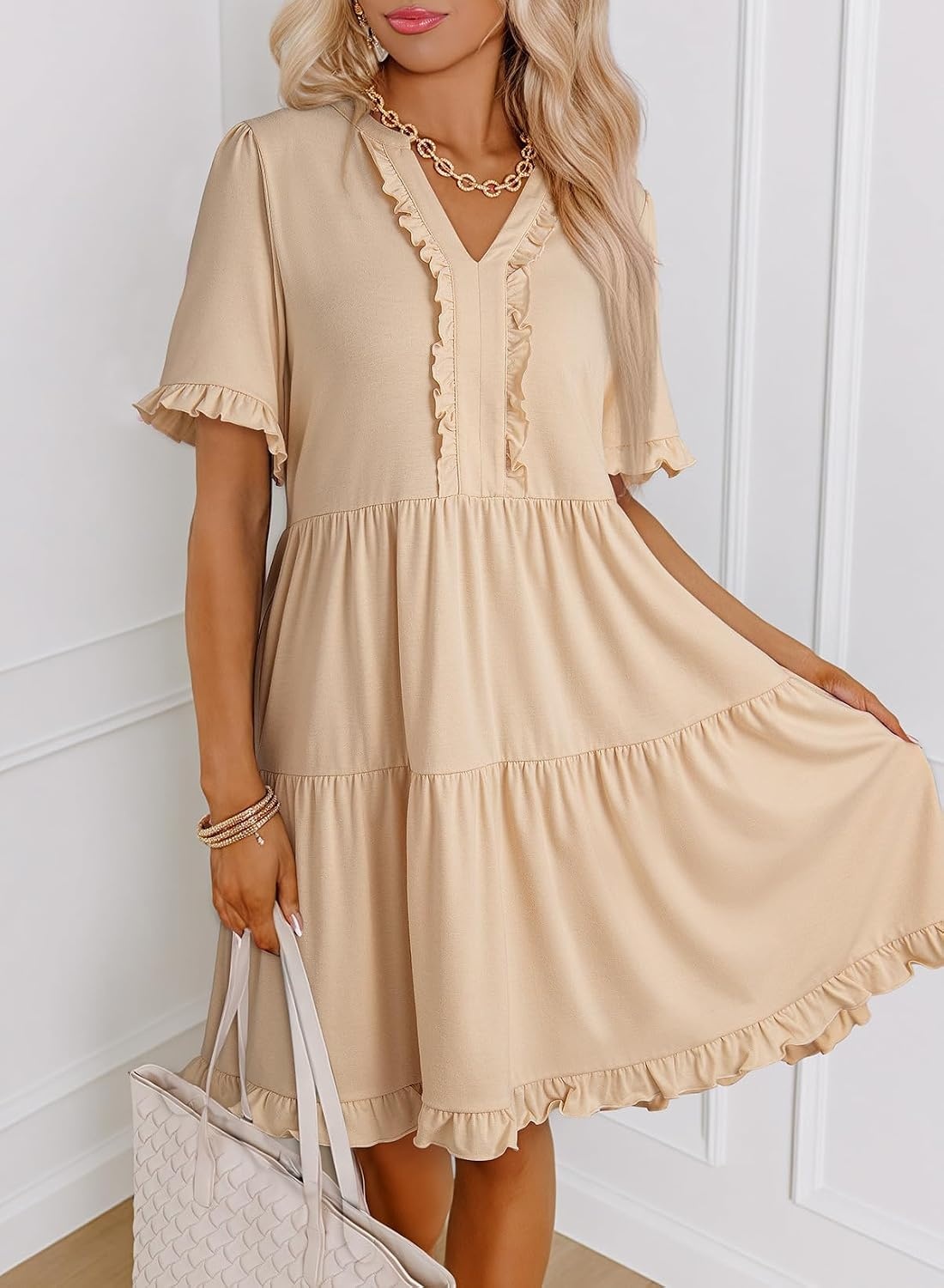 image:imageDokotoo Womens A Line Babydoll Casual Summer Dresses with PocketsApricot