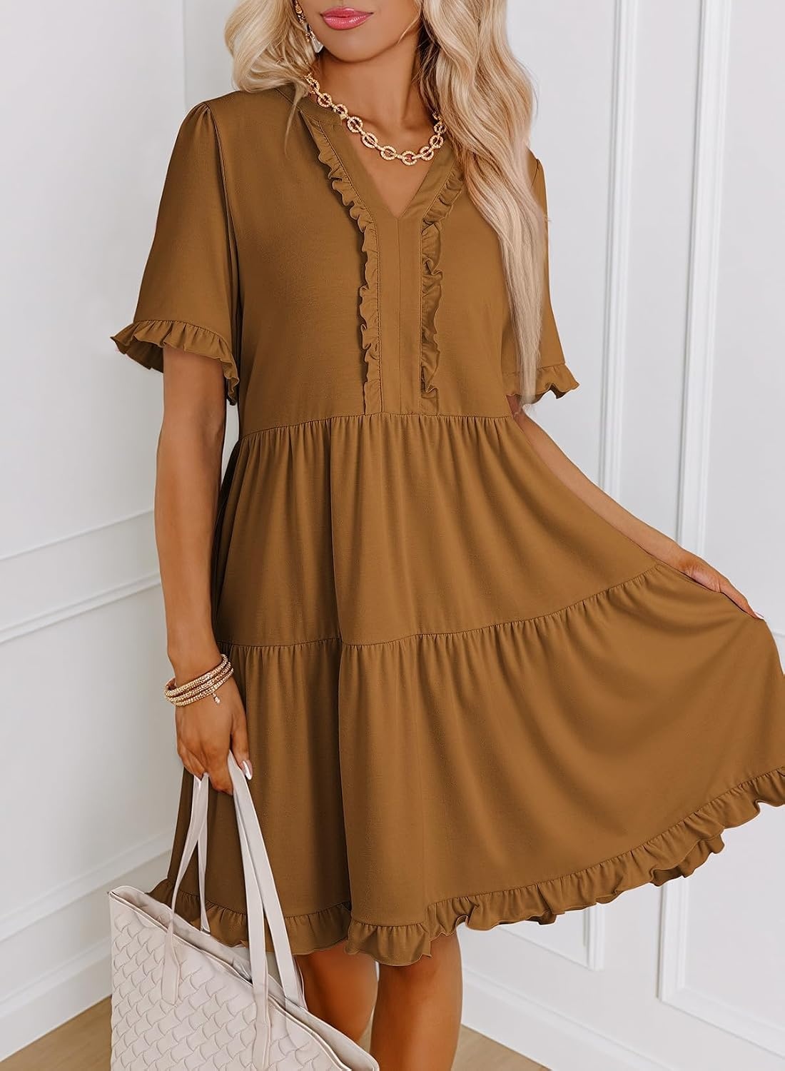 image:imageDokotoo Womens A Line Babydoll Casual Summer Dresses with PocketsChestnut