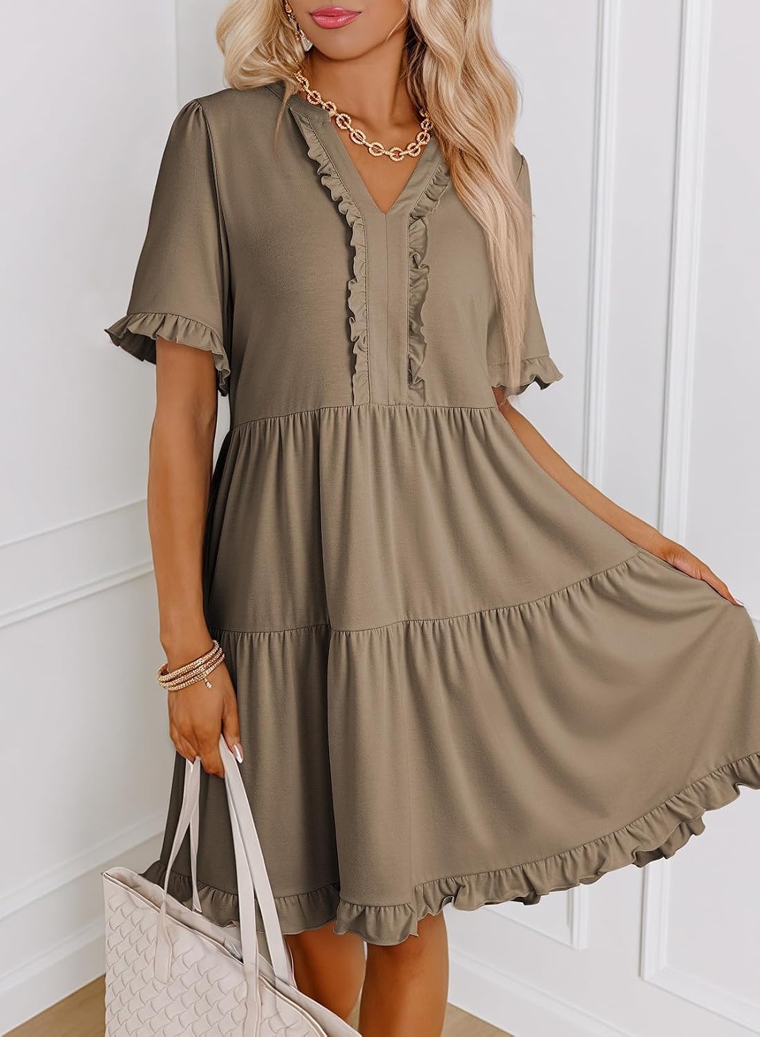 image:imageDokotoo Womens A Line Babydoll Casual Summer Dresses with PocketsLight Brown