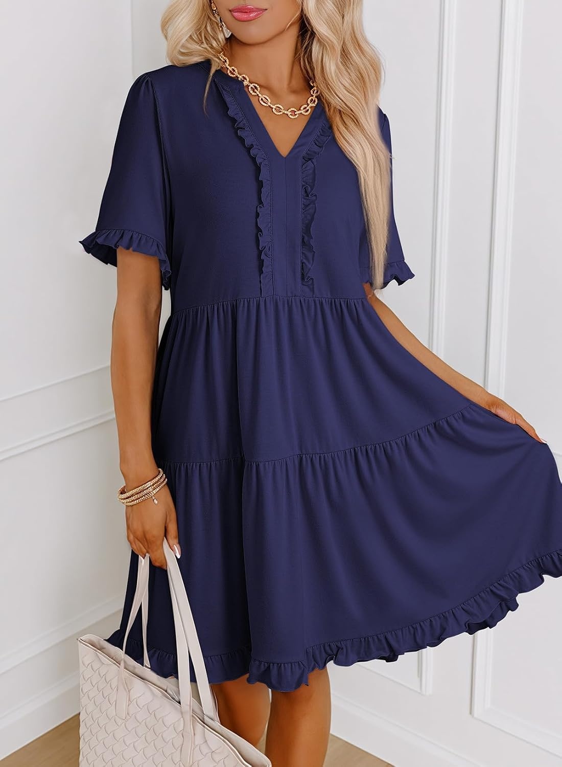 image:imageDokotoo Womens A Line Babydoll Casual Summer Dresses with PocketsNavy Blue