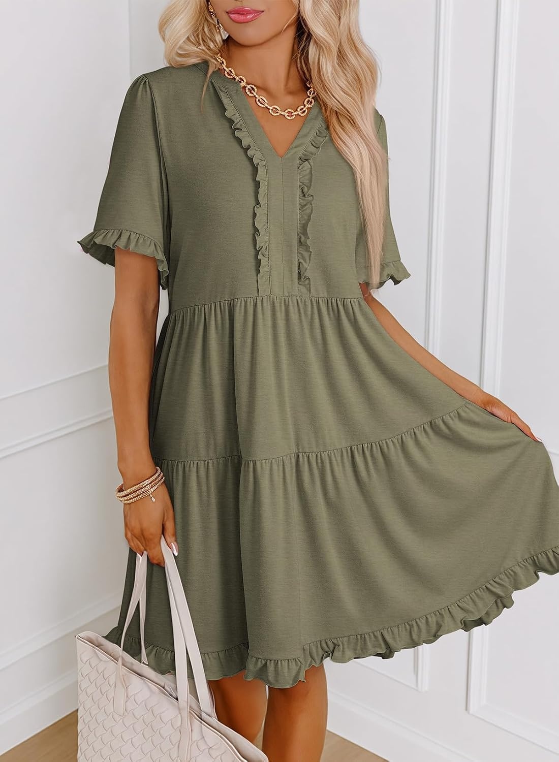 image:imageDokotoo Womens A Line Babydoll Casual Summer Dresses with PocketsOlive Green