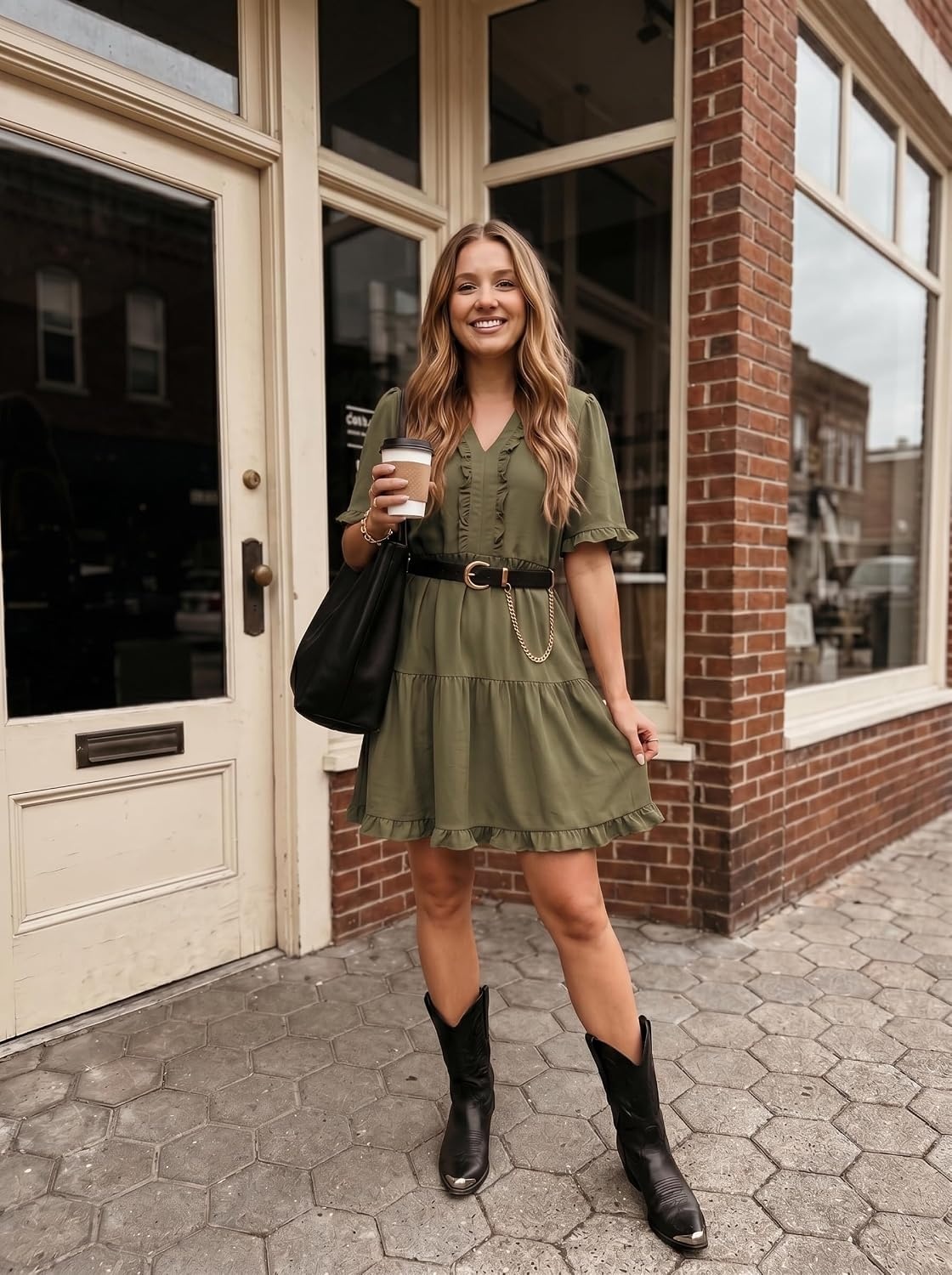 image:imageDokotoo Womens A Line Babydoll Casual Summer Dresses with PocketsOlive Green