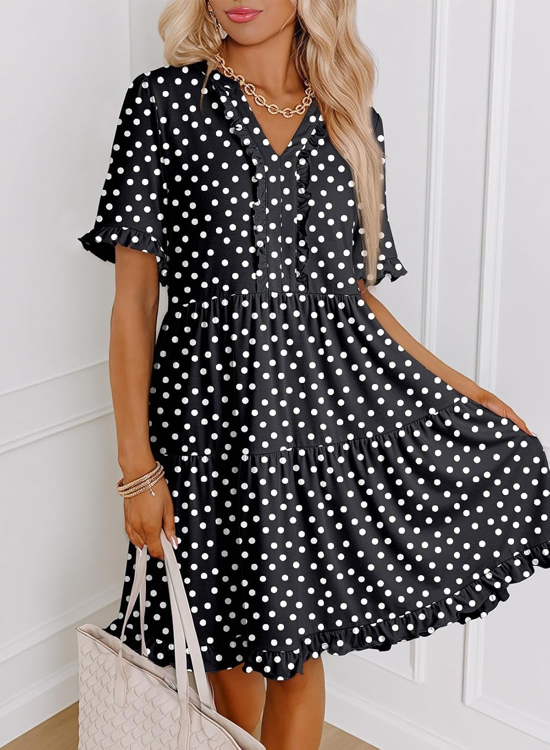 image:imageDokotoo Womens A Line Babydoll Casual Summer Dresses with PocketsPolka Dot Black
