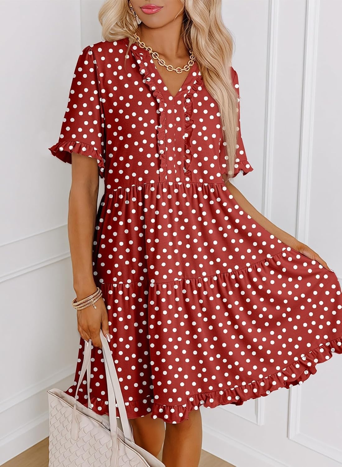 image:imageDokotoo Womens A Line Babydoll Casual Summer Dresses with PocketsPolka Dot Red