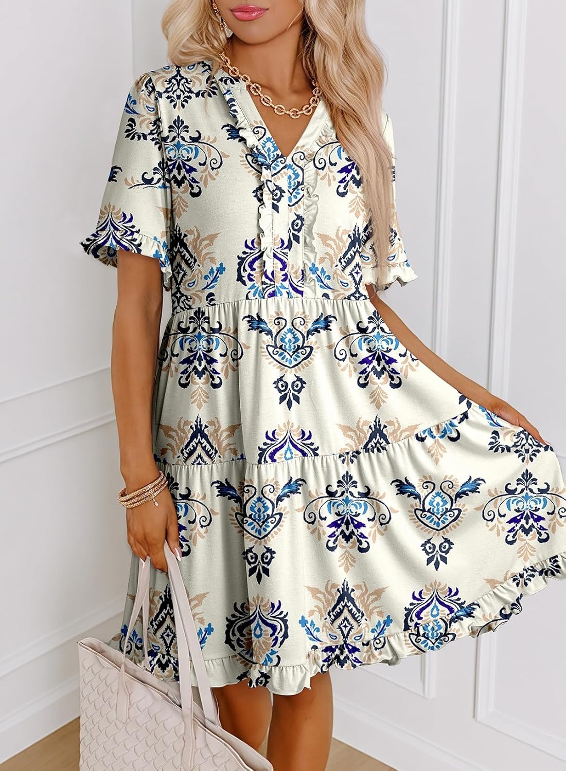 image:imageDokotoo Womens A Line Babydoll Casual Summer Dresses with PocketsPrint Apricot