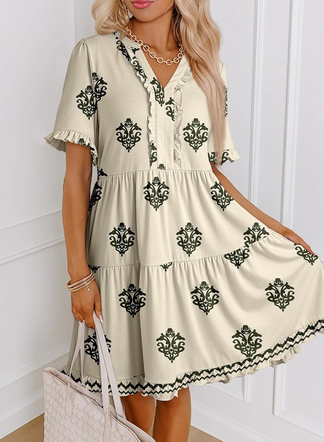 image:imageDokotoo Womens A Line Babydoll Casual Summer Dresses with PocketsPrint Beige