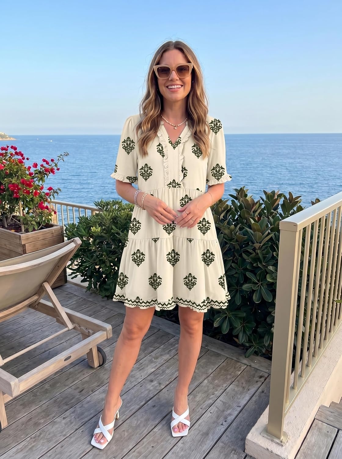 image:imageDokotoo Womens A Line Babydoll Casual Summer Dresses with PocketsPrint Beige