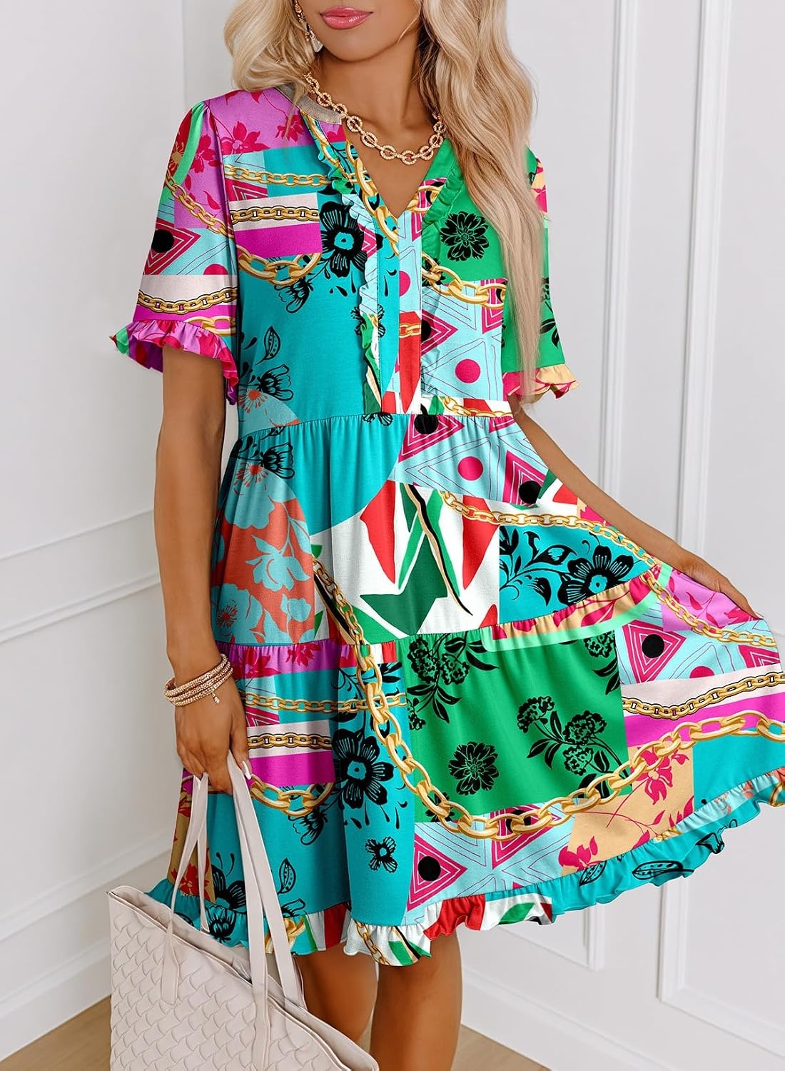 image:imageDokotoo Womens A Line Babydoll Casual Summer Dresses with PocketsPrint Green