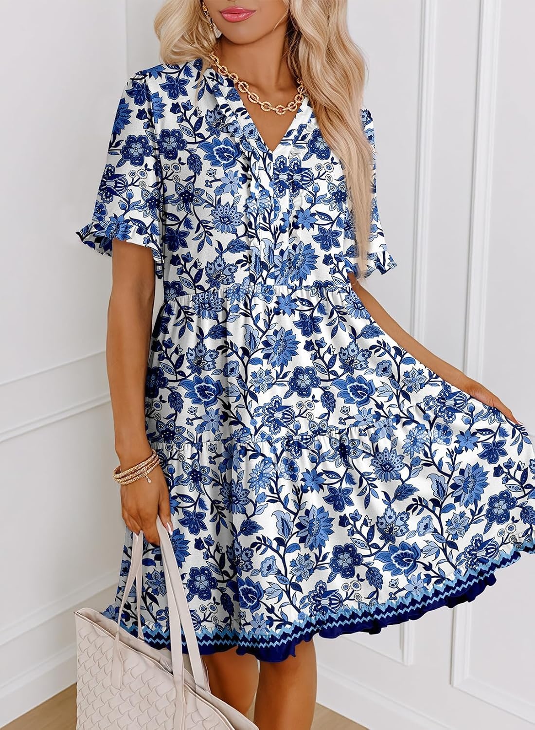 image:imageDokotoo Womens A Line Babydoll Casual Summer Dresses with PocketsPrint Sky Blue