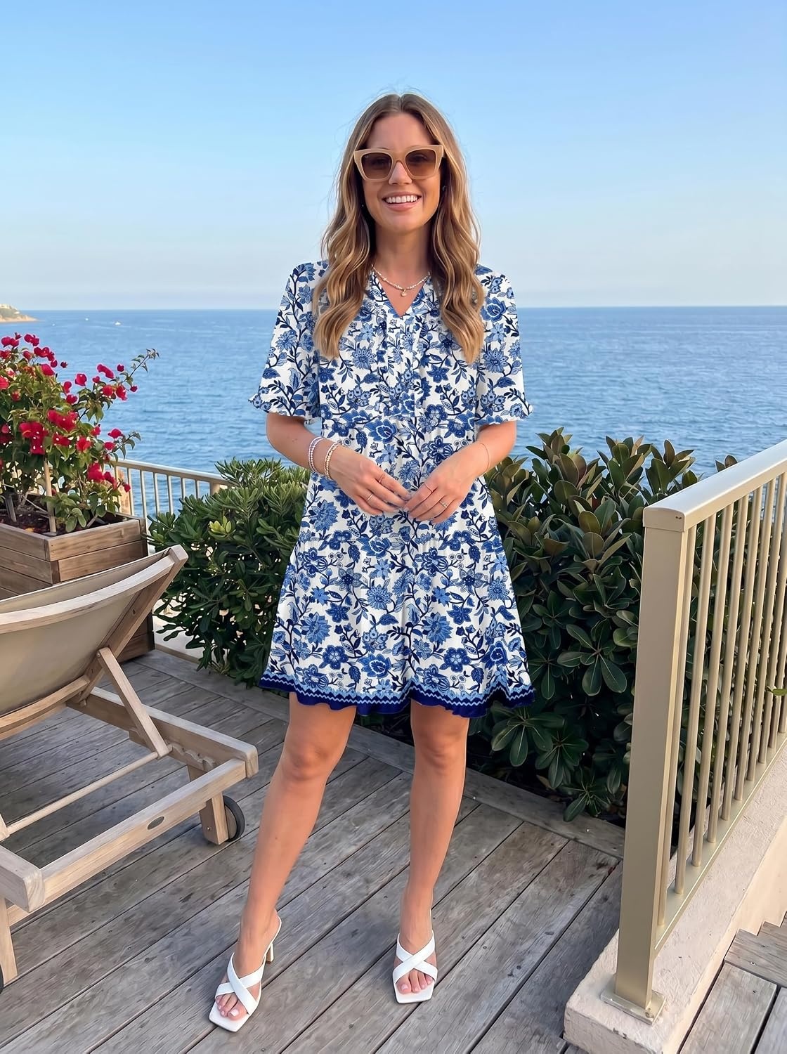 image:imageDokotoo Womens A Line Babydoll Casual Summer Dresses with PocketsPrint Sky Blue