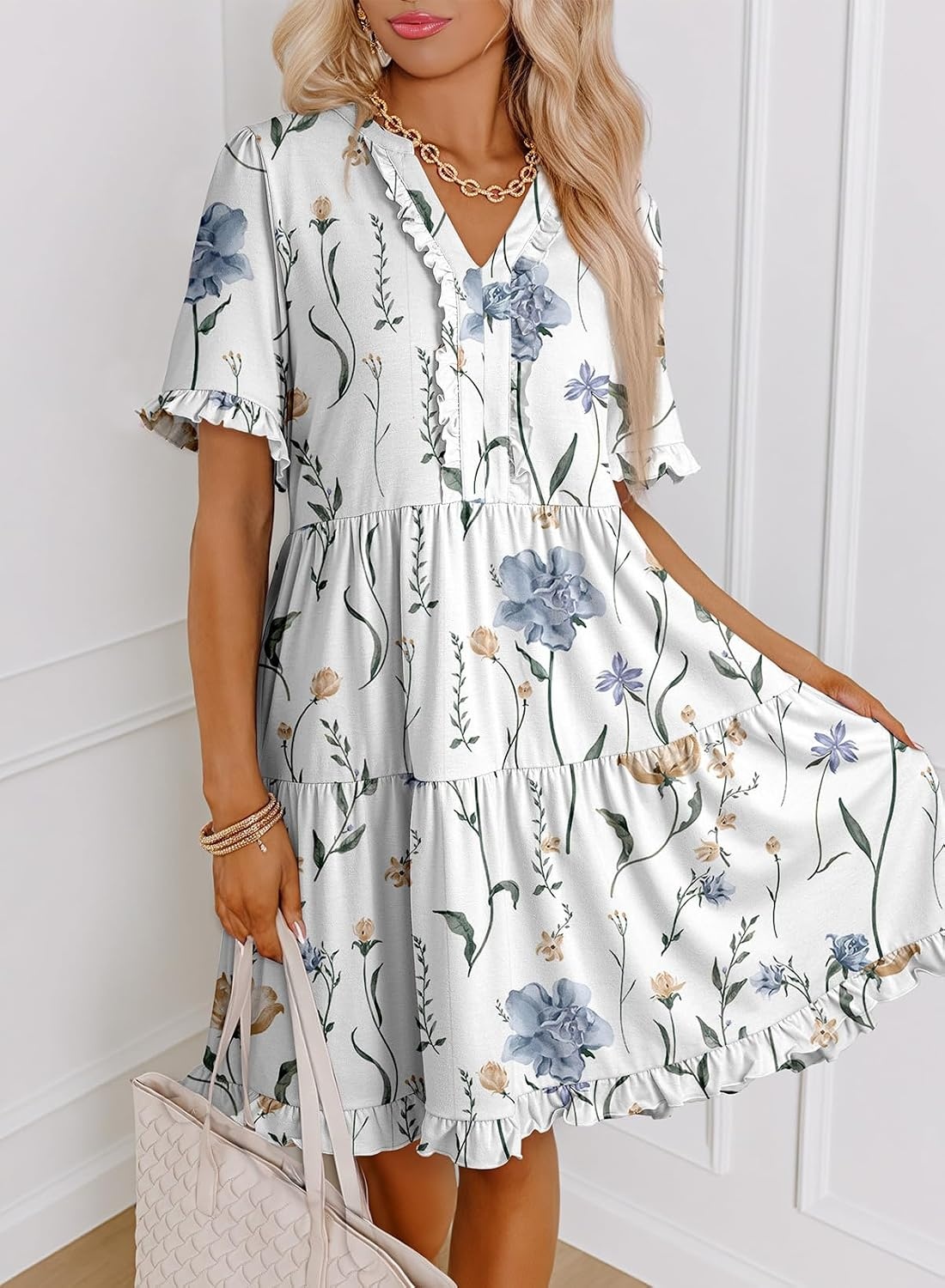 image:imageDokotoo Womens A Line Babydoll Casual Summer Dresses with PocketsPrint White