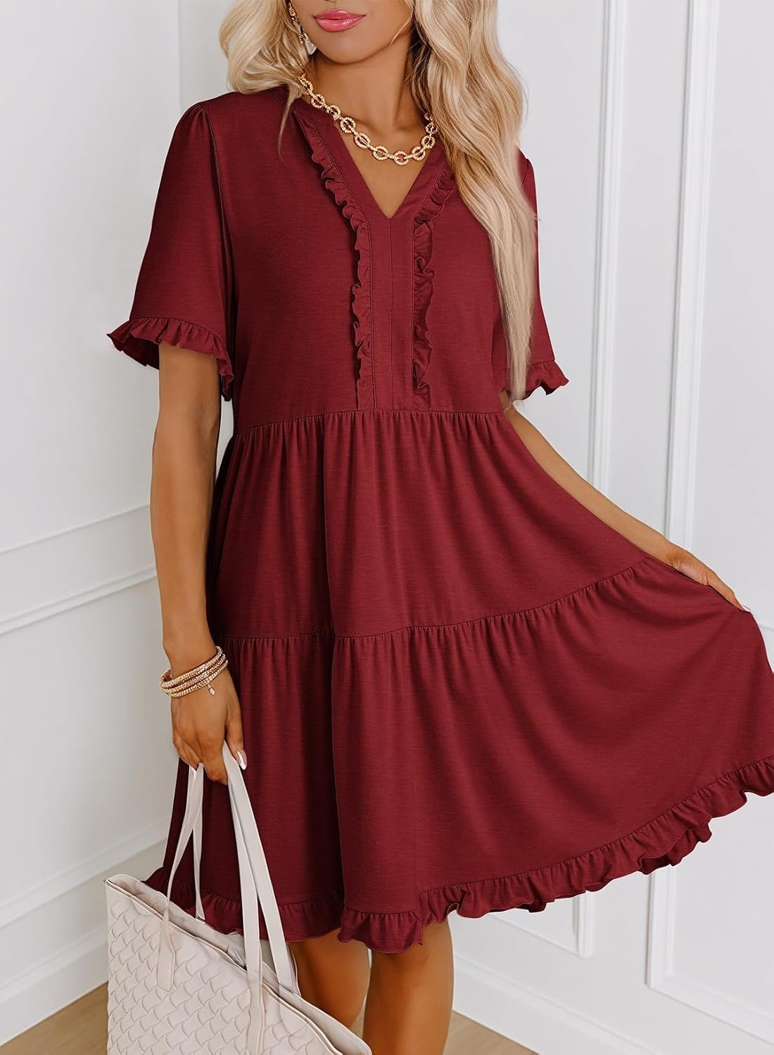 image:imageDokotoo Womens A Line Babydoll Casual Summer Dresses with PocketsRed Dahlia