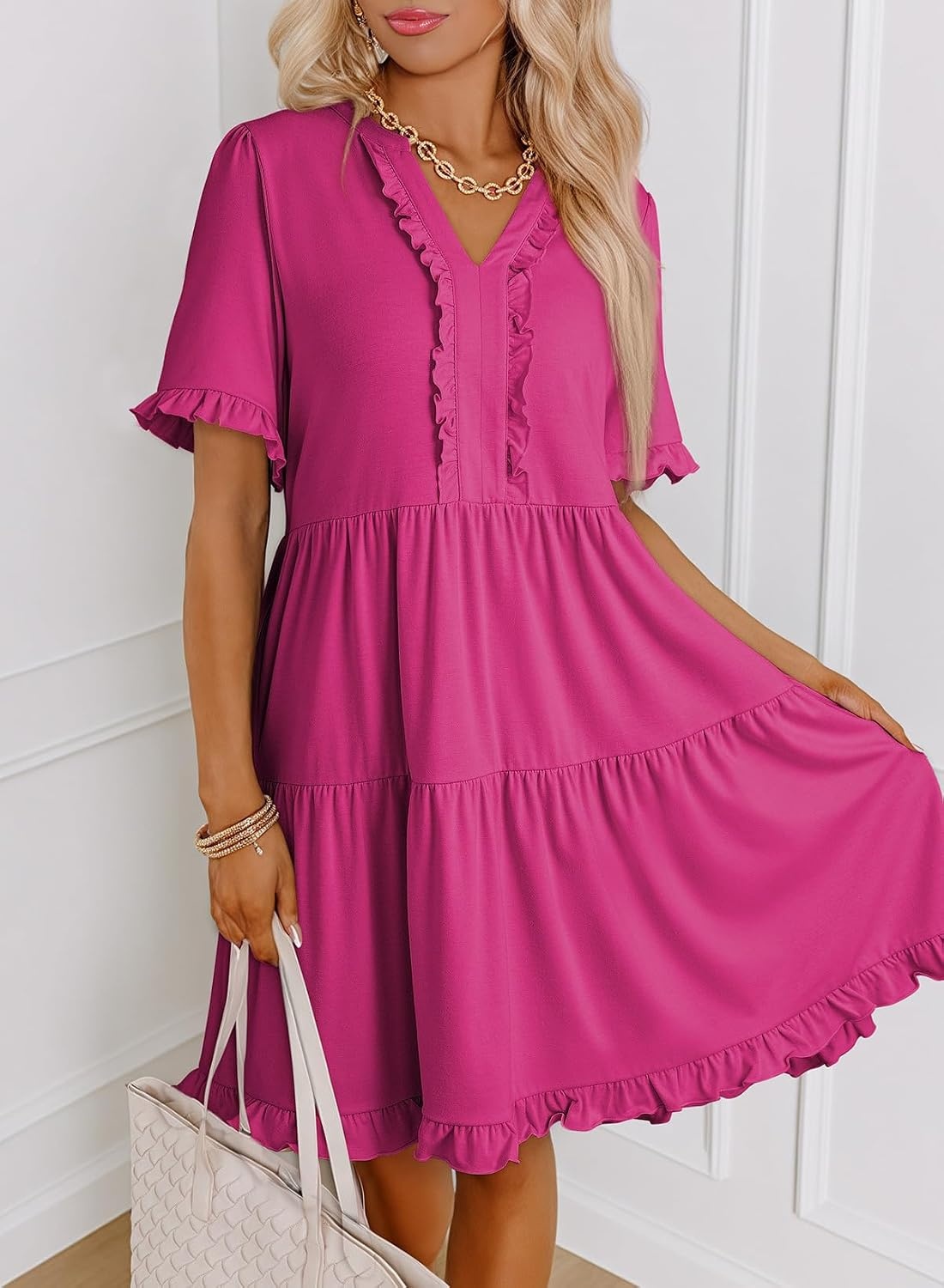 image:imageDokotoo Womens A Line Babydoll Casual Summer Dresses with PocketsRose Red