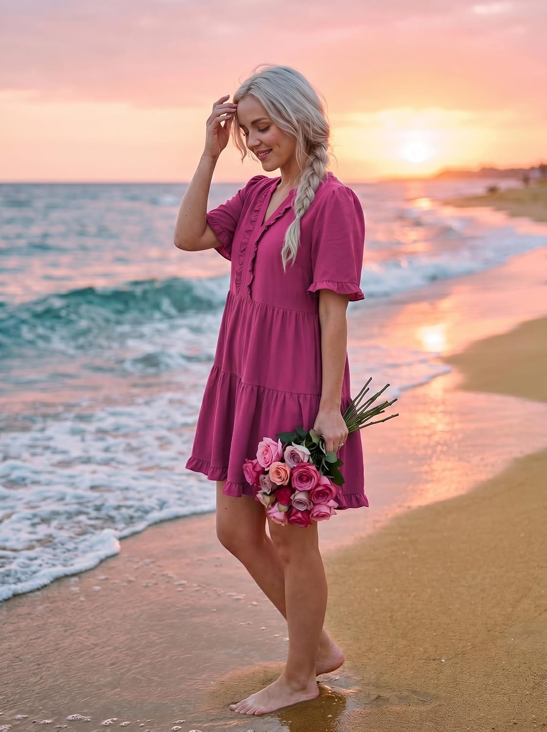 image:imageDokotoo Womens A Line Babydoll Casual Summer Dresses with PocketsRose Red