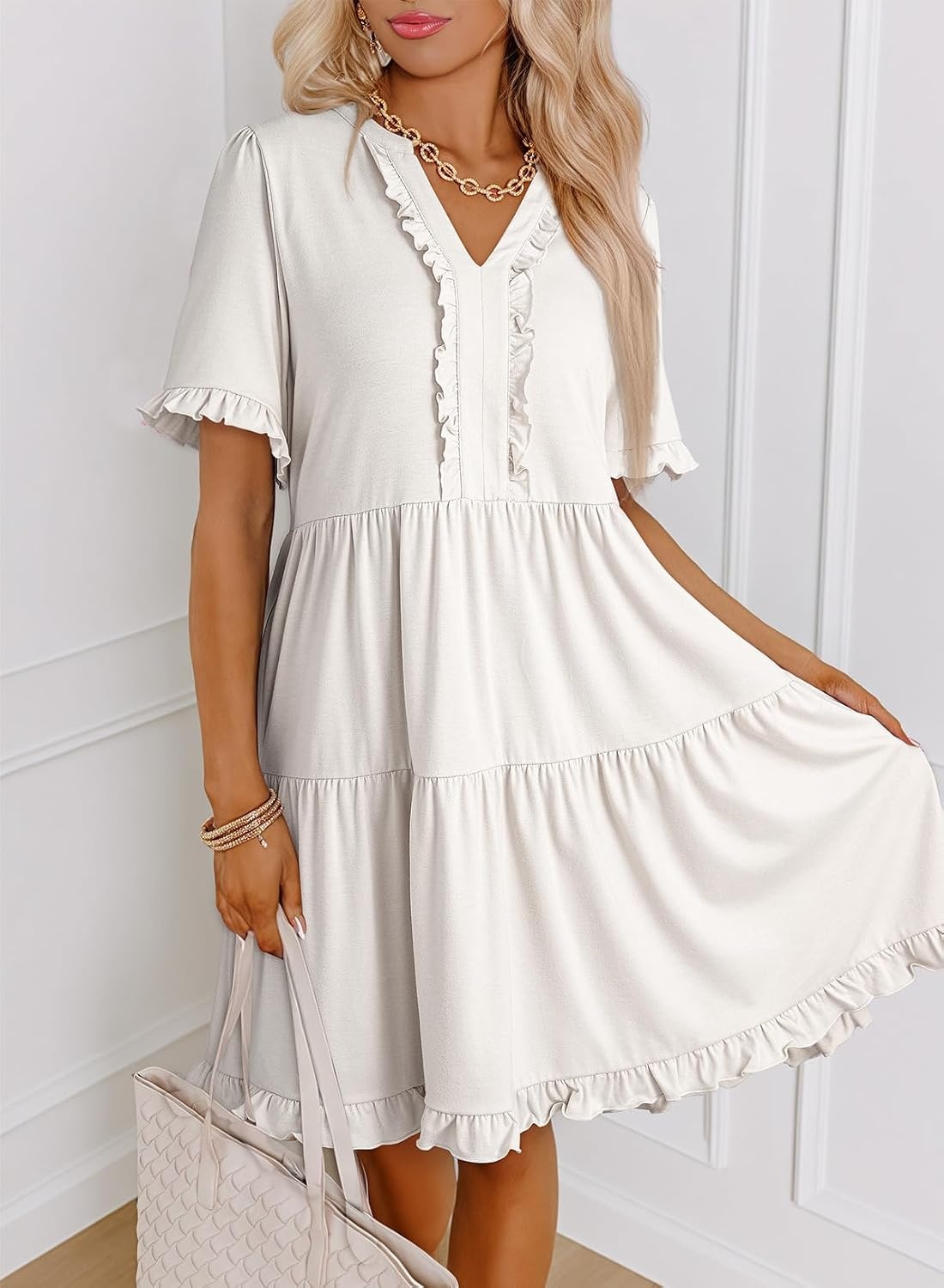 image:imageDokotoo Womens A Line Babydoll Casual Summer Dresses with PocketsWhite