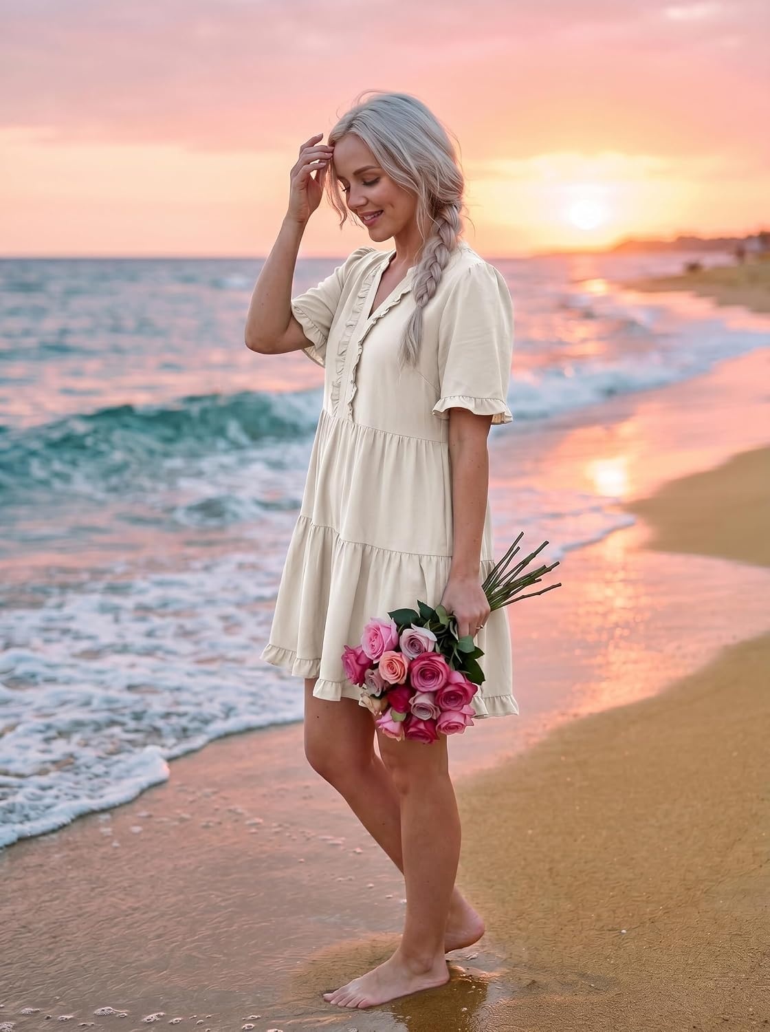 image:imageDokotoo Womens A Line Babydoll Casual Summer Dresses with PocketsWhite