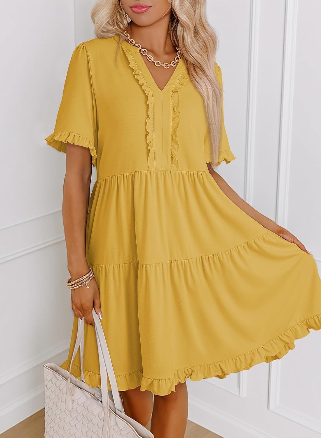 image:imageDokotoo Womens A Line Babydoll Casual Summer Dresses with PocketsYellow