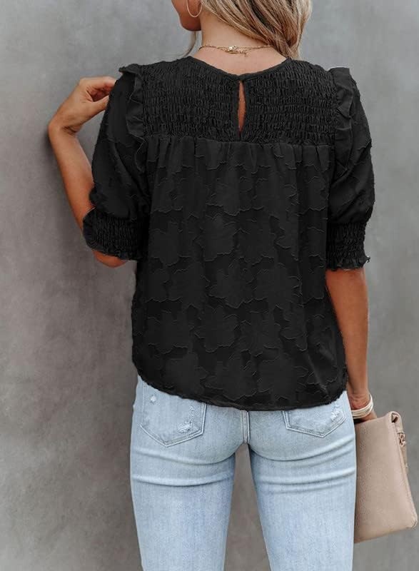 image:imageDokotoo Womens Blouses Half Sleeve Shirred Tops Crewneck Lace Textured Flowy Casual ShirtsBlack