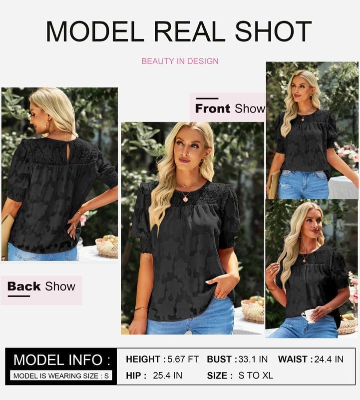 image:imageDokotoo Womens Blouses Half Sleeve Shirred Tops Crewneck Lace Textured Flowy Casual ShirtsBlack