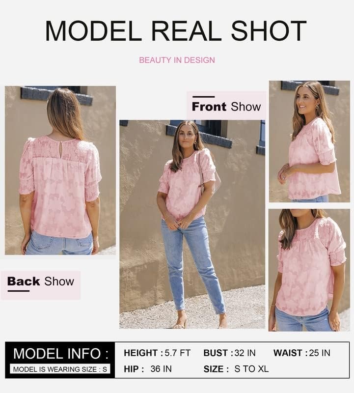 image:imageDokotoo Womens Blouses Half Sleeve Shirred Tops Crewneck Lace Textured Flowy Casual ShirtsPink