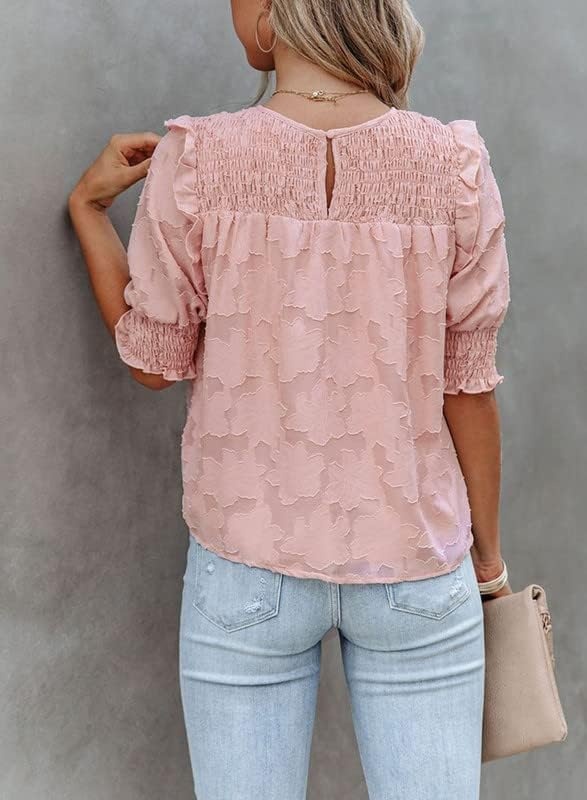 image:imageDokotoo Womens Blouses Half Sleeve Shirred Tops Crewneck Lace Textured Flowy Casual ShirtsPink