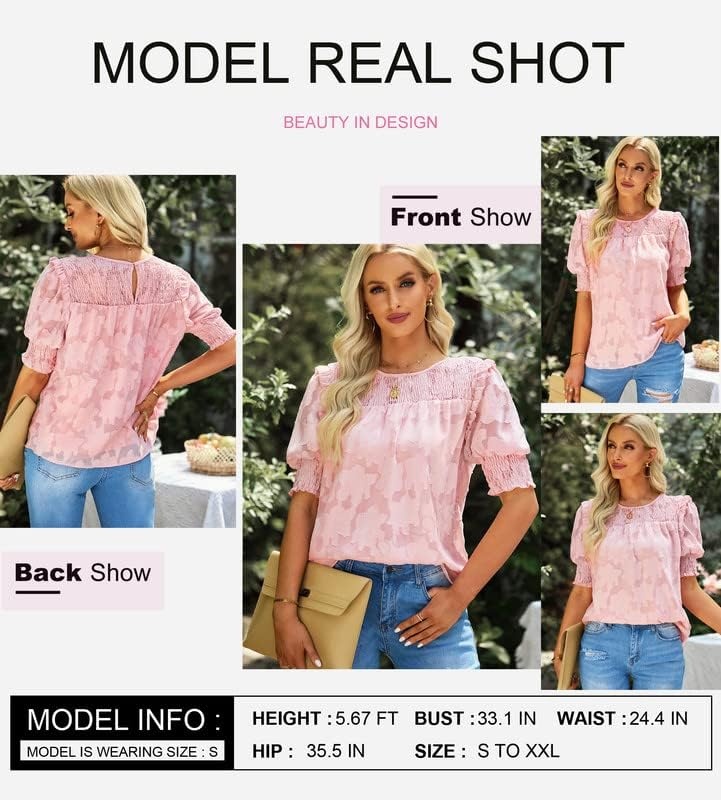 image:imageDokotoo Womens Blouses Half Sleeve Shirred Tops Crewneck Lace Textured Flowy Casual ShirtsPink