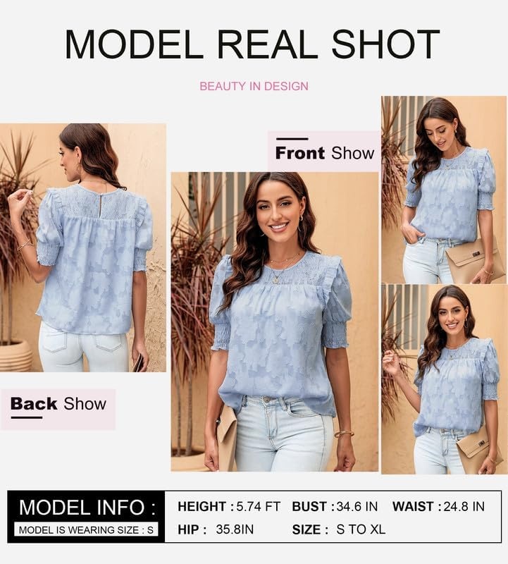 image:imageDokotoo Womens Blouses Half Sleeve Shirred Tops Crewneck Lace Textured Flowy Casual ShirtsSky Blue