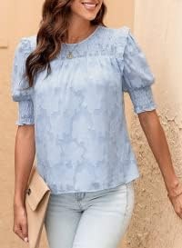 image:imageDokotoo Womens Blouses Half Sleeve Shirred Tops Crewneck Lace Textured Flowy Casual ShirtsSky Blue