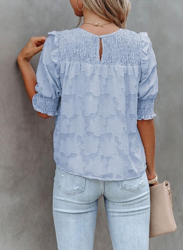 image:imageDokotoo Womens Blouses Half Sleeve Shirred Tops Crewneck Lace Textured Flowy Casual ShirtsSky Blue