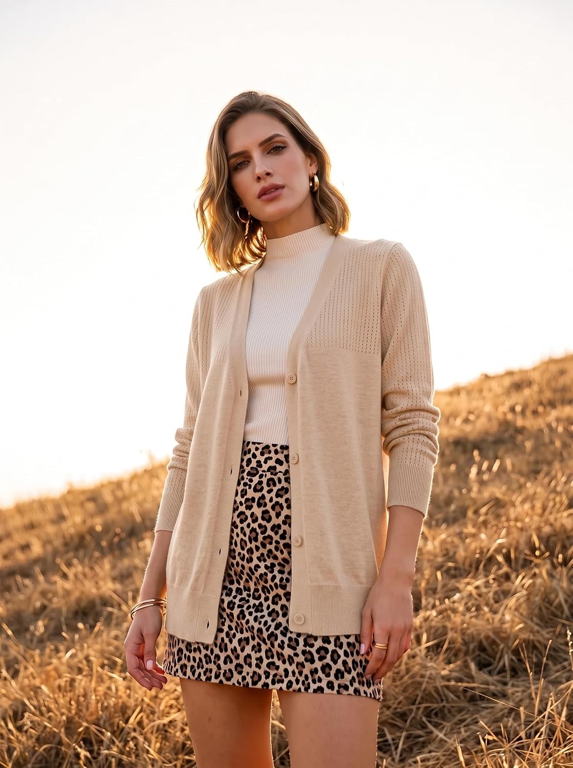 image:imageDokotoo Womens Cardigan Wool Blend Casual Knit Hollow Out Sweaters TopsApricot