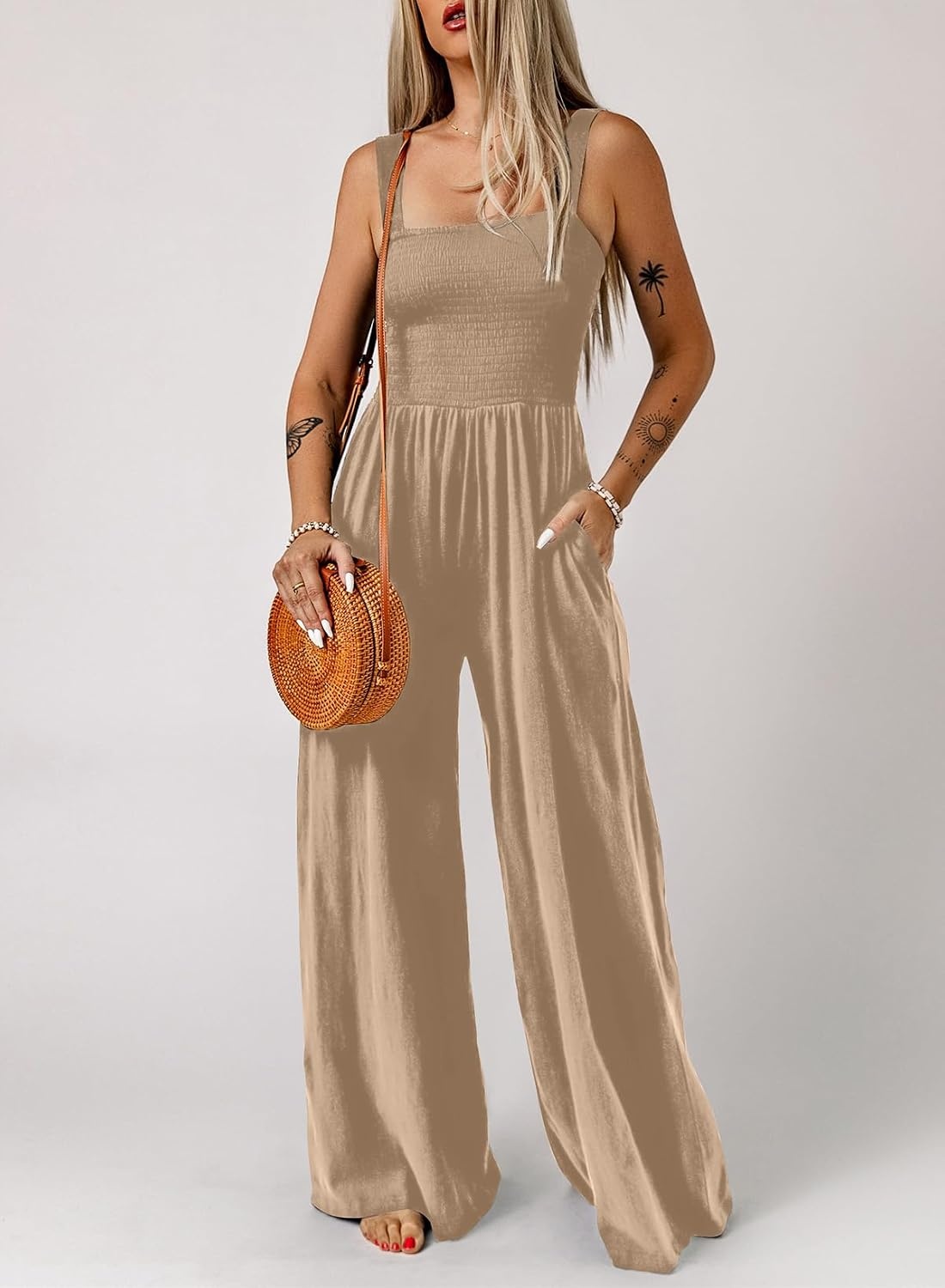 image:imageDokotoo Womens Casual Jumpsuits One Piece Sleeveless Wide Leg RompersApricot