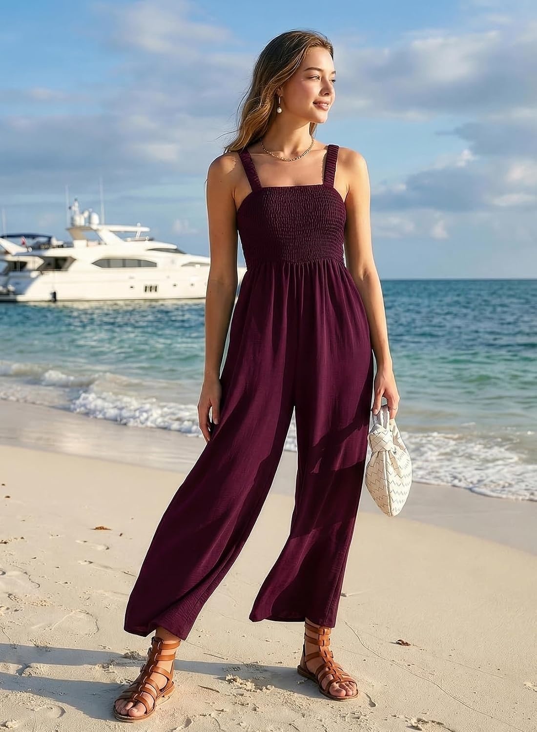 image:imageDokotoo Womens Casual Jumpsuits One Piece Sleeveless Wide Leg RompersBurgundy