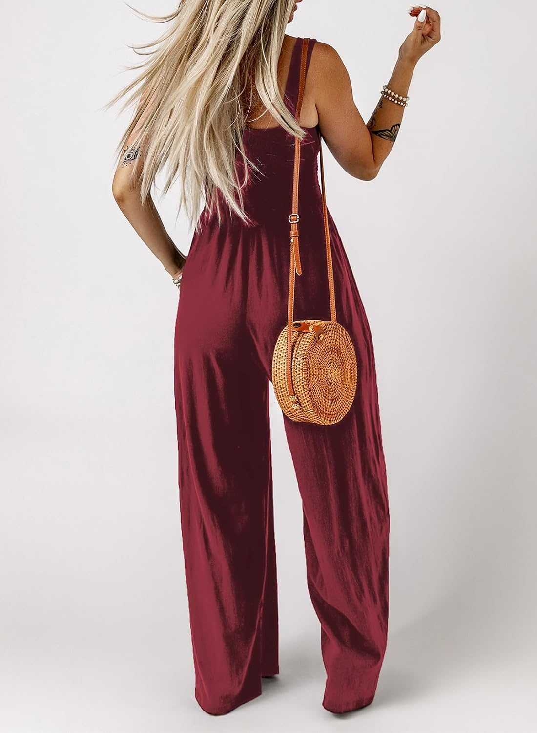 image:imageDokotoo Womens Casual Jumpsuits One Piece Sleeveless Wide Leg RompersBurgundy