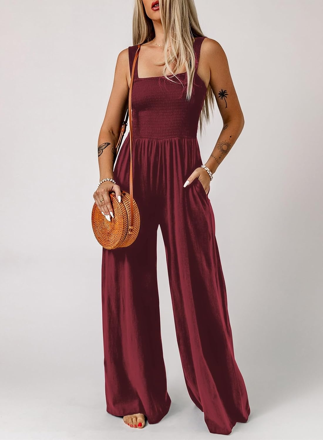 image:imageDokotoo Womens Casual Jumpsuits One Piece Sleeveless Wide Leg RompersBurgundy