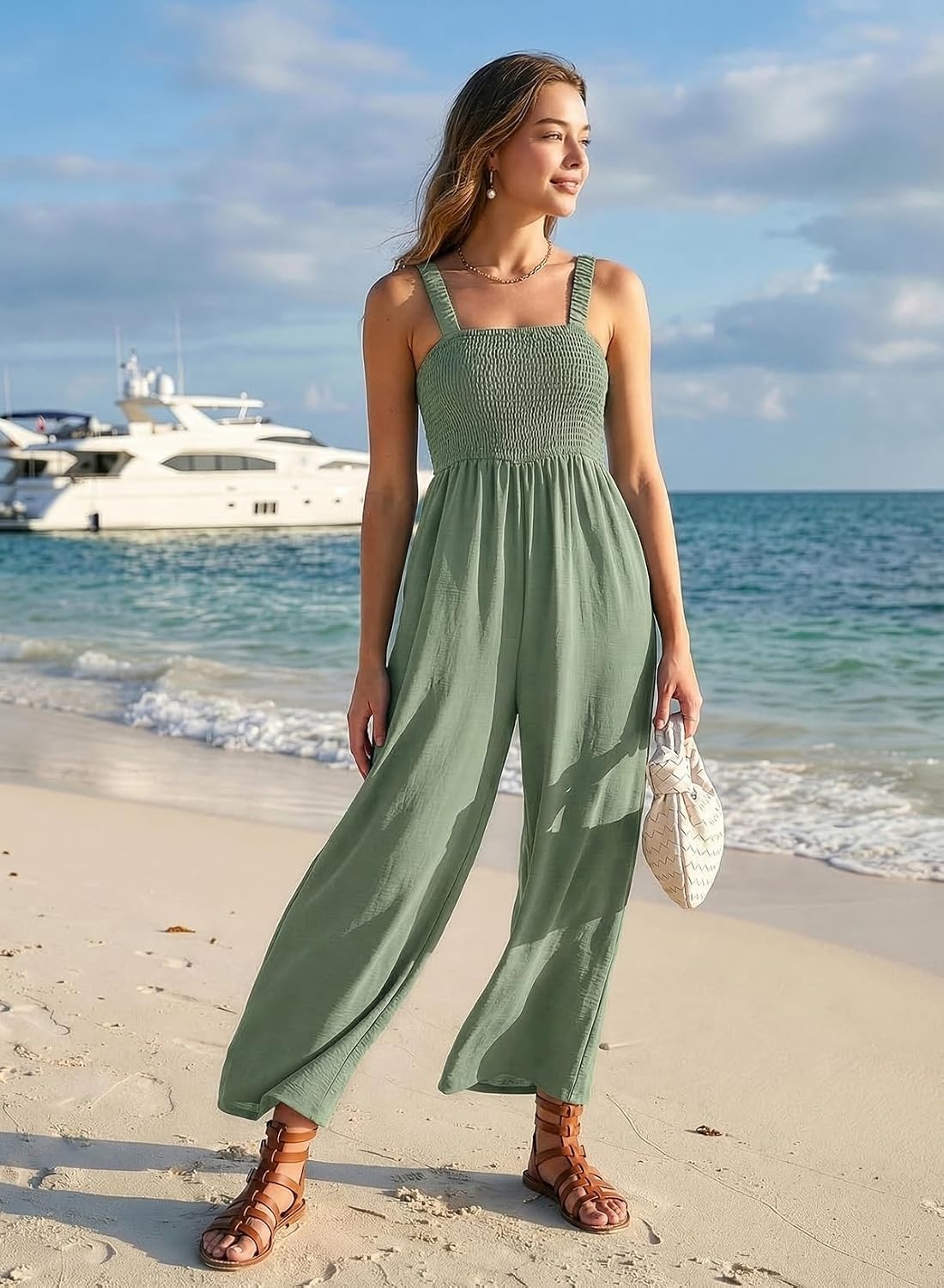 image:imageDokotoo Womens Casual Jumpsuits One Piece Sleeveless Wide Leg RompersLaurel Green